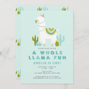 Invitation Cute Tout Llama Amusant Aqua Première fête d'anniv