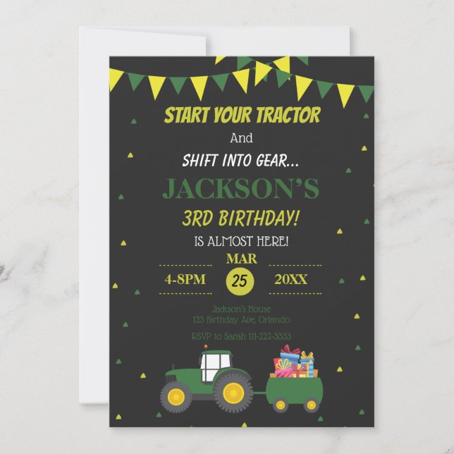 Invitation Cute Tractor Farm 3e anniversaire Confetti Invitat (Devant)