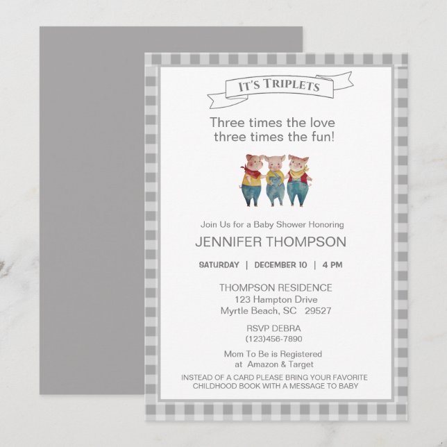 Invitation Cute Trois Petits Cochons Thème Baby shower Bleu (Devant / Derrière)