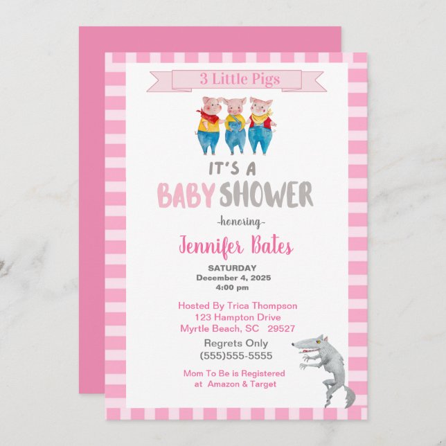 Invitation Cute Trois Petits Cochons Thème Baby shower Rose (Devant / Derrière)