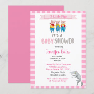 Invitation Cute Trois Petits Cochons Thème Baby shower Rose