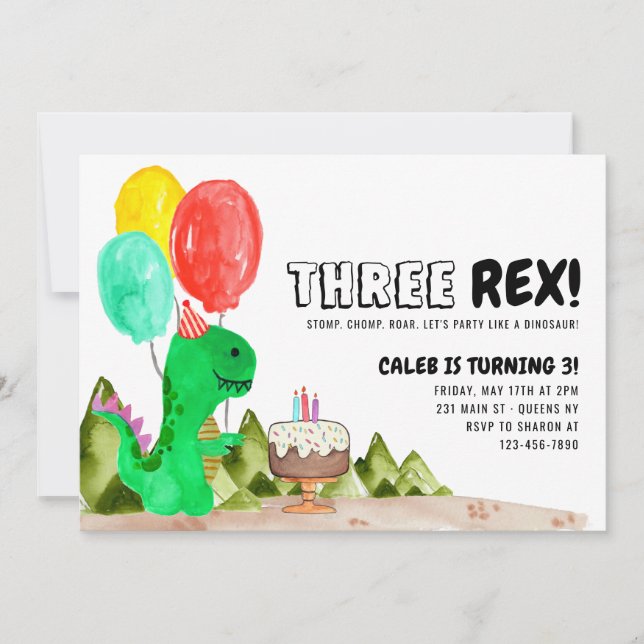Invitation Cute TROIS Rex Balloon Cake Dinosaur 3e anniversai (Devant)