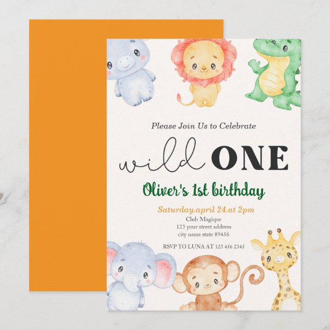 Invitation Cute Tropical Jungle Safari Wild One 1st Birthday (Devant / Derrière)