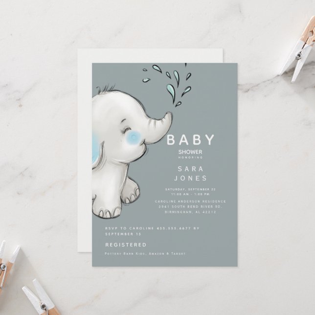 Invitation Cute Turquoise Aquarelle Baby shower éléphant (Devant/Arrière en situation)