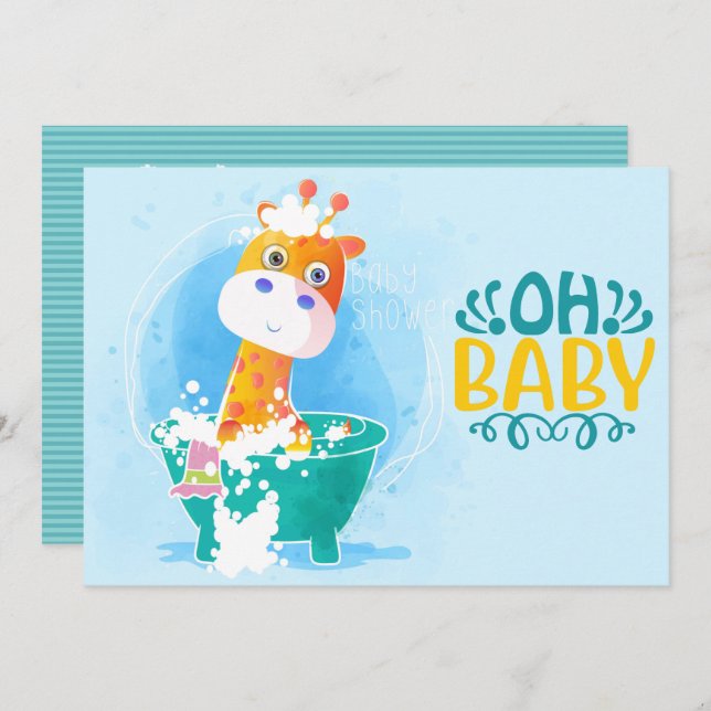 Invitation Cute Turquoise Baignoire Giraffe Baby shower Invit (Devant / Derrière)