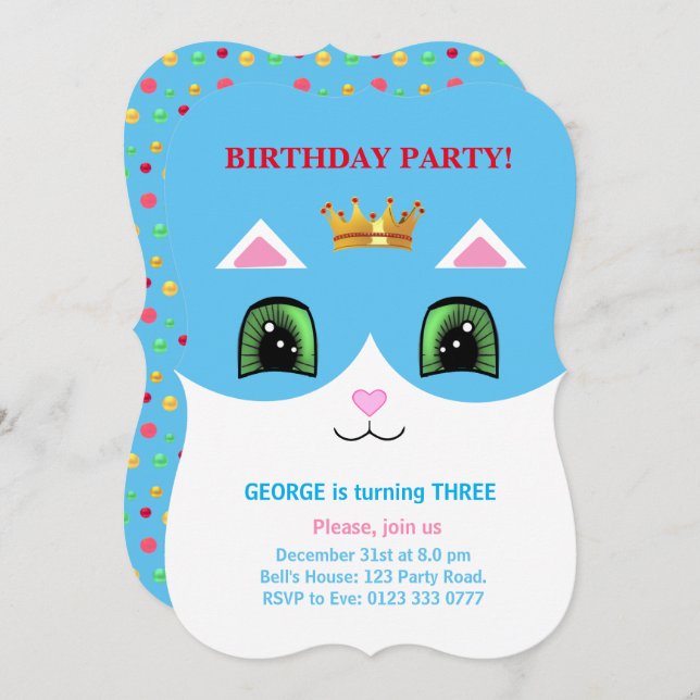 Invitation Cute Turquoise & Blanc Prince Tuxedo Chat Annivers (Devant / Derrière)