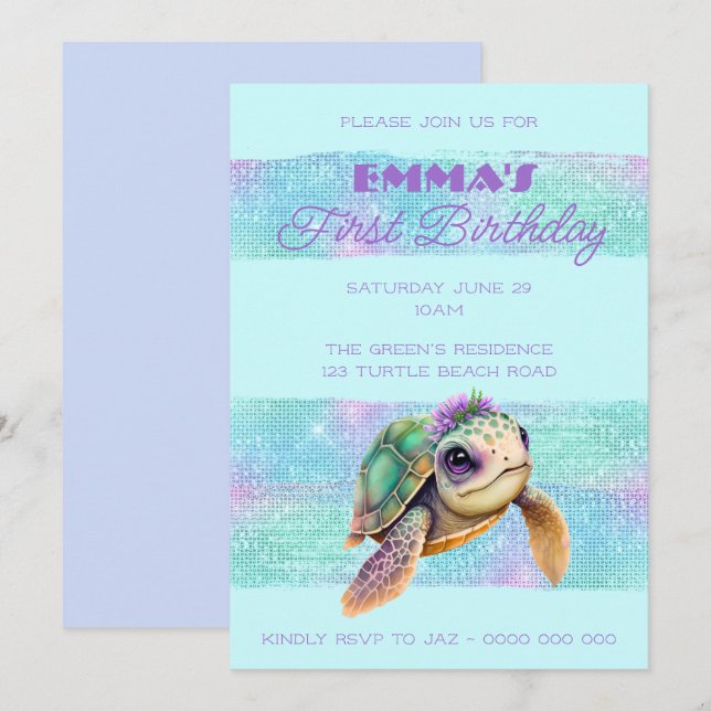 Invitation Cute Turtle Summer Beach Aqua 1st Birthday (Devant / Derrière)