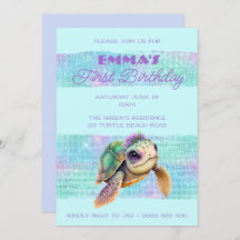 Cute Turtle Summer Beach Aqua 1st Birthday