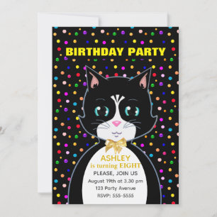 Invitation Cute Tuxedo Anniversaire Chat et Confetti coloré