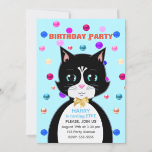 Invitation Cute Tuxedo Anniversaire Chat & Multicolor Confett