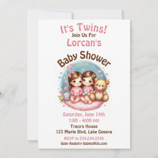 Invitation Cute Twin Baby shower fille de l'aquarelle Teddy O