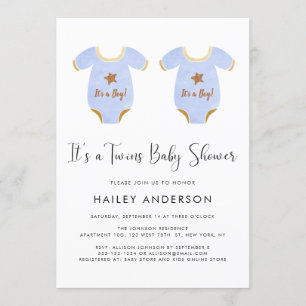 Invitation Cute Twin Boys Baby shower aquarelle