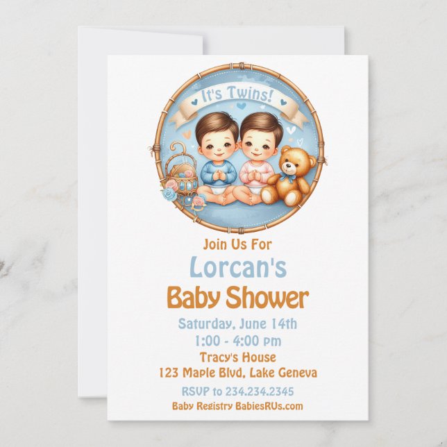 Invitation Cute Twin Boys Baby shower Aquarelle Teddy Bear (Devant)