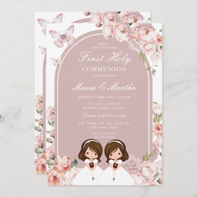 Invitation Cute Twin Girl First Holy Communion Rose Floral (Devant / Derrière)