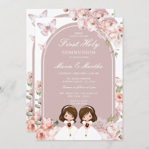 Invitation Cute Twin Girl First Holy Communion Rose Floral