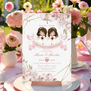 Invitation Cute TWIN Girl First Holy Communion Rose Floral
