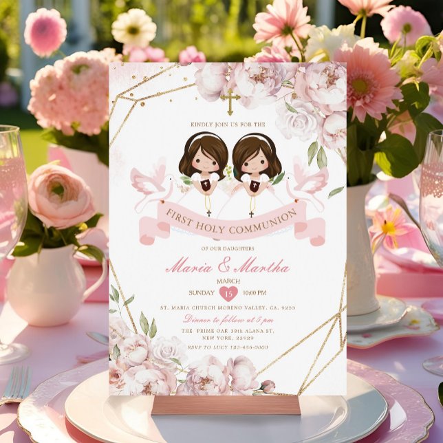 Invitation Cute TWIN Girl First Holy Communion Rose Floral (Créateur téléchargé)