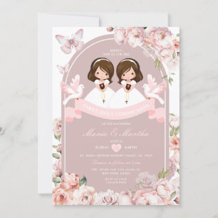 Invitation Cute TWIN Girl First Holy Communion Rose Floral