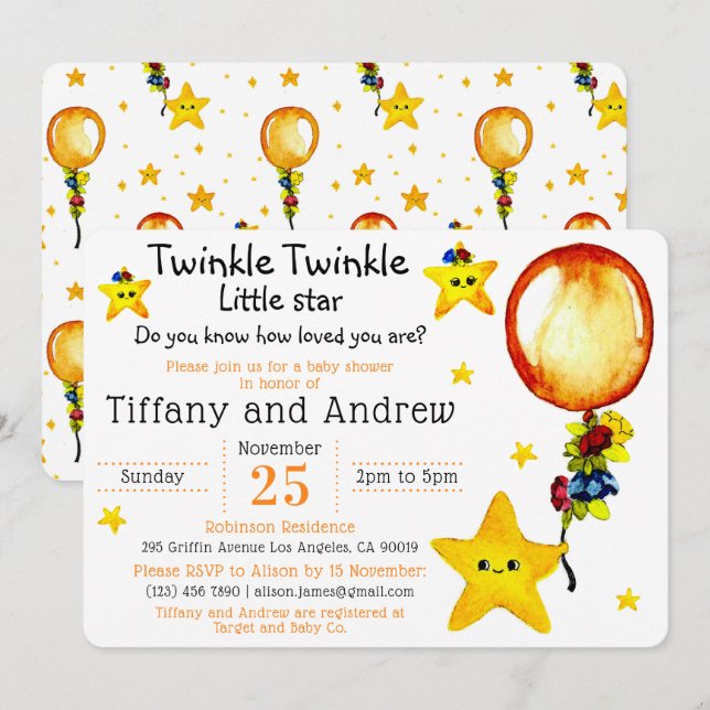Invitation Cute Twinkle Twinkle Little Star Co-ed Baby shower (Devant / Derrière)