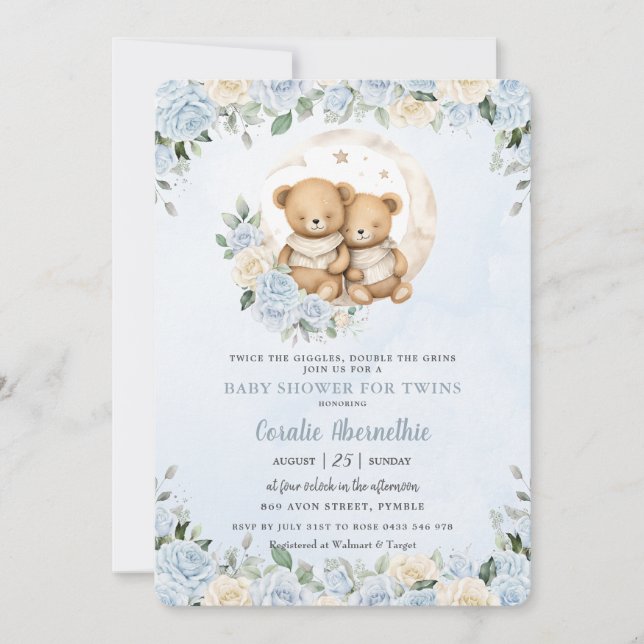 Invitation Cute Twins Bears Blue Floral Twin Boys Baby shower (Devant)