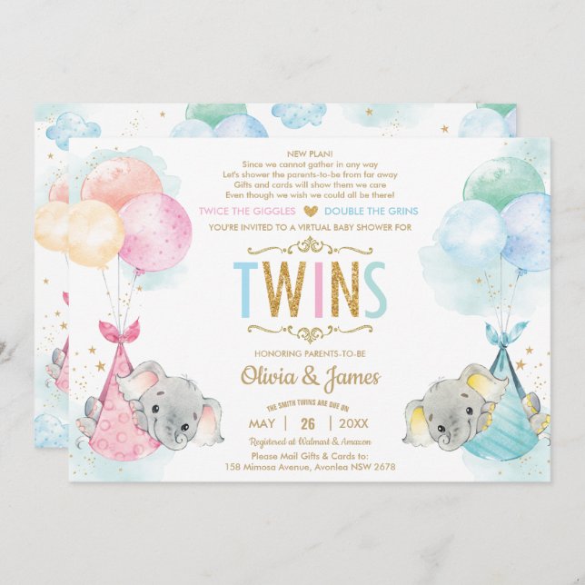 Invitation Cute Twins Boy Girl Elephant Baby shower par mail (Devant / Derrière)