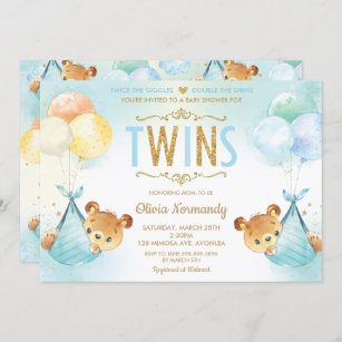 Invitation Cute Twins Twin Baby Boys Baby shower Nounours