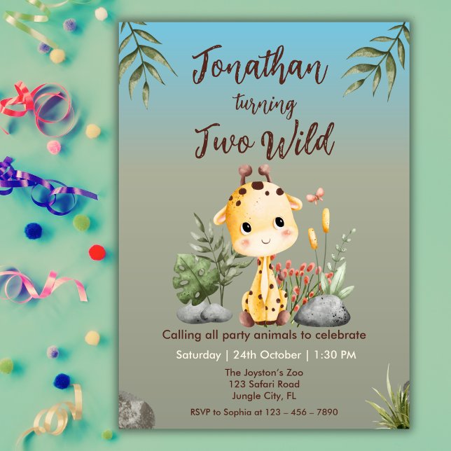 Invitation Cute Two Wild Safari Giraf Kids 2nd Birthday  (Créateur téléchargé)