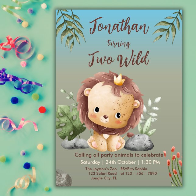 Invitation Cute Two Wild Safari Lion Kids 2nd Birthday  (Créateur téléchargé)