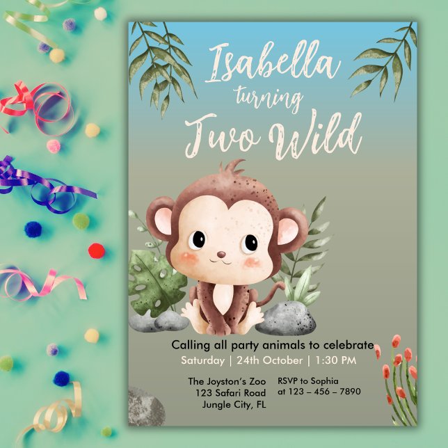 Invitation Cute Two Wild Safari Monkey Kids 2nd Birthday  (Créateur téléchargé)