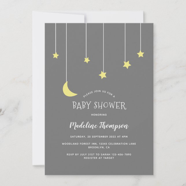 Invitation Cute Under the Moon Star Baby shower gris neutre (Devant)