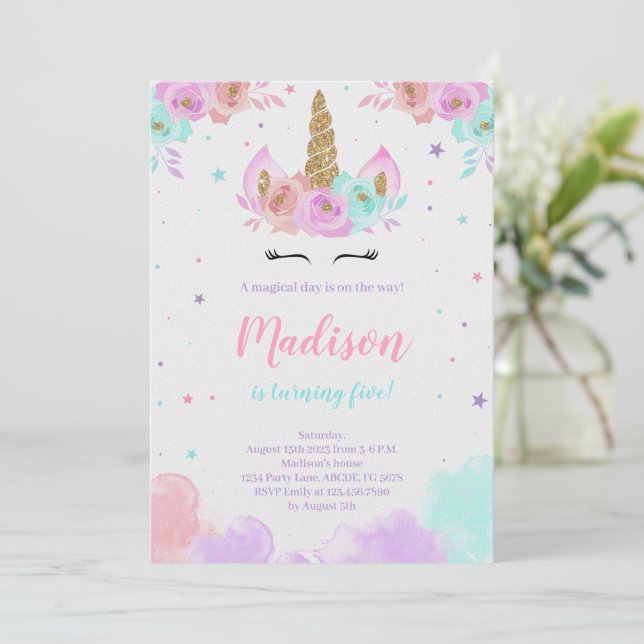 Invitation Cute Unicorn Anniversaire Floral Magique Unicorn (Debout devant)