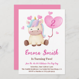 Invitation Cute Unicorn Aquarelle fête d'anniversaire