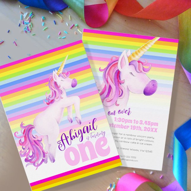 Invitation Cute unicorn arc-en-ciel 1ère anniversaire invitat (Créateur téléchargé)