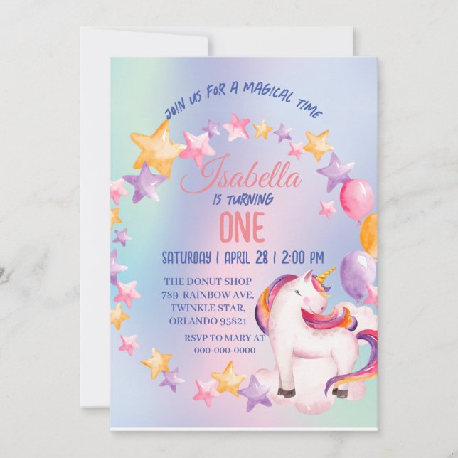 Invitation Cute Unicorn Arc-en-ciel Anniversaire (Devant)