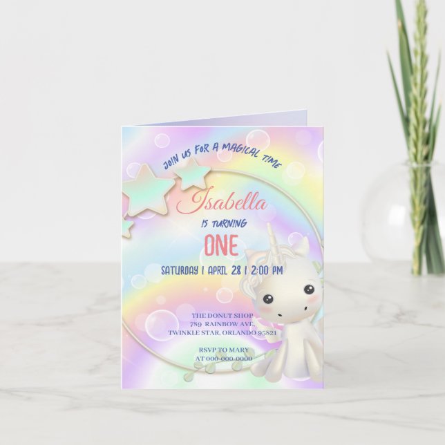 Invitation Cute Unicorn Arc-en-ciel Anniversaire (Devant)