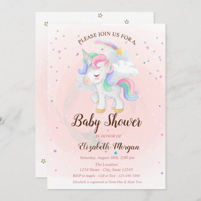 Invitation Cute Unicorn, Arc en ciel, Étoiles Baby shower Inv (Devant / Derrière)