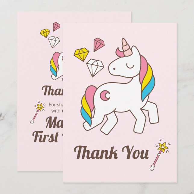 Invitation Cute Unicorn avec Baguette et Diamants.Remerciemen (Devant / Derrière)