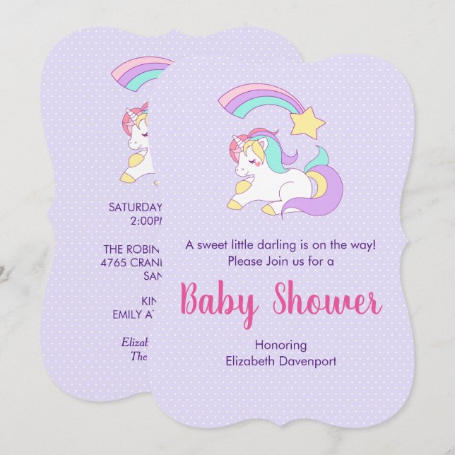 Invitation Cute Unicorn avec un Baby shower d'étoile tournant (Devant / Derrière)