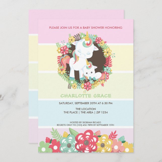 Invitation Cute Unicorn Baby shower personnalisé (Devant / Derrière)