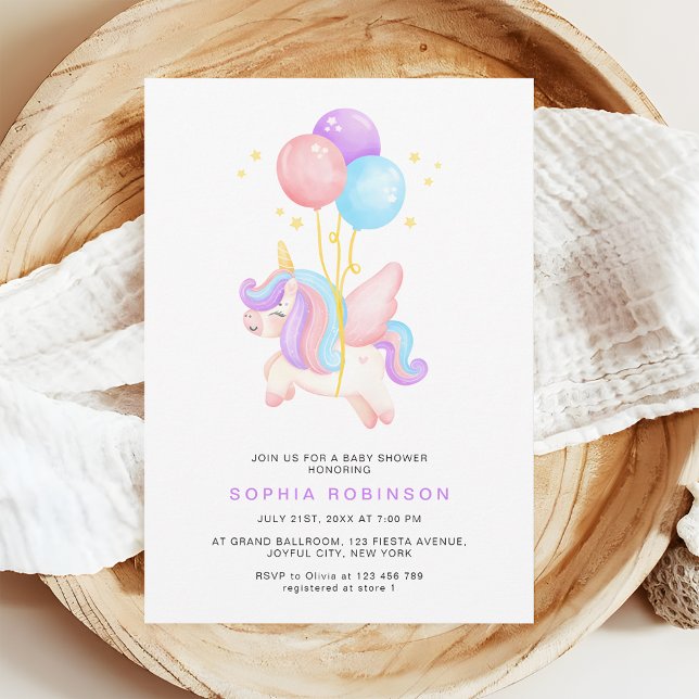 Invitation Cute Unicorn Balloons Modern Pastel Baby Shower (Créateur téléchargé)