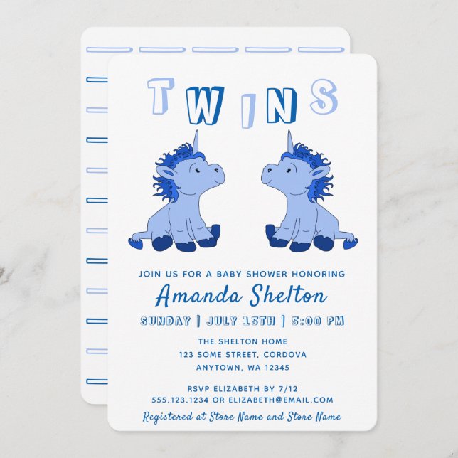 Invitation Cute Unicorn Blue Twins Boys Baby shower (Devant / Derrière)