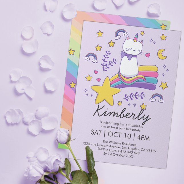 Invitation Cute Unicorn Chat Anniversaire de enfant Party (Créateur téléchargé)