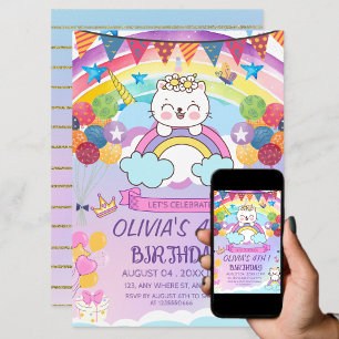 Invitation Cute Unicorn Chat Rainbow Fête d'anniversaire de f
