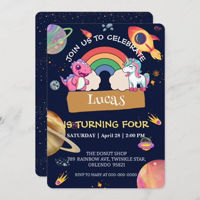 Invitation Cute Unicorn Dinosaur arc-en-ciel fête d'anniversa (Devant / Derrière)