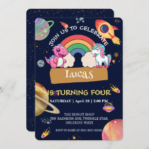 Invitation Cute Unicorn Dinosaur arc-en-ciel fête d'anniversa