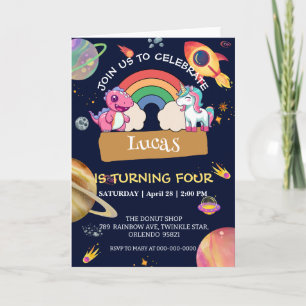 Invitation Cute Unicorn Dinosaur arc-en-ciel fête d'anniversa