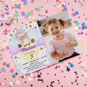 Invitation Cute Unicorn et Gold Stars Photo Anniversaire