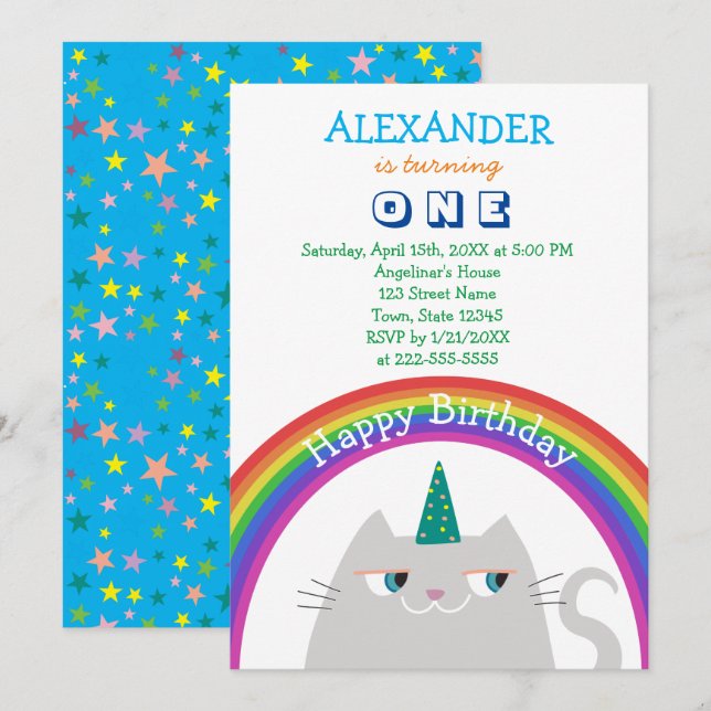 Invitation Cute Unicorn et Rainbow 1er anniversaire (Devant / Derrière)
