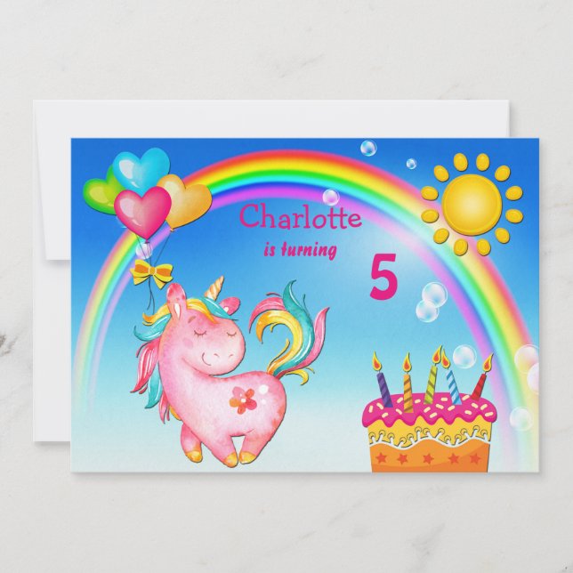 Invitation Cute Unicorn et Rainbow Birthday Party (Devant)