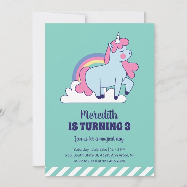 Invitation Cute Unicorn et Rainbow Enfants Filles Anniversair (Devant)